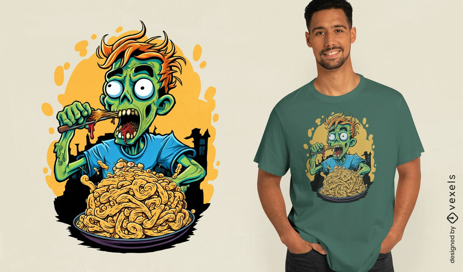 Design de camiseta zumbi comendo macarrão