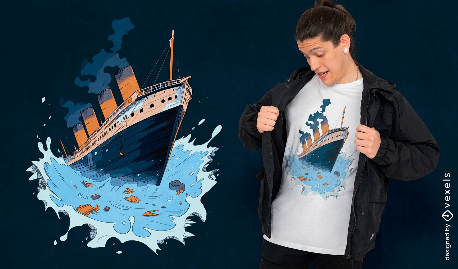 Design de camiseta para navio afundando