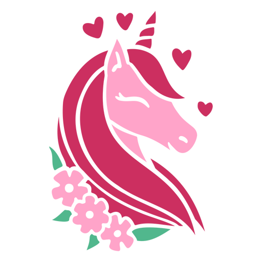 Unicornio rosa con corazones y flores. Diseño PNG