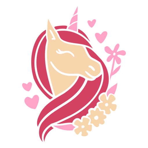 Unicornio con melena rosa y flores. Diseño PNG