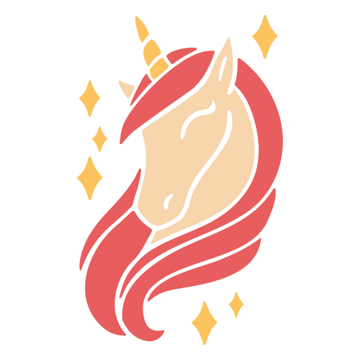 Unicornio con pelo largo y estrellas. Diseño PNG