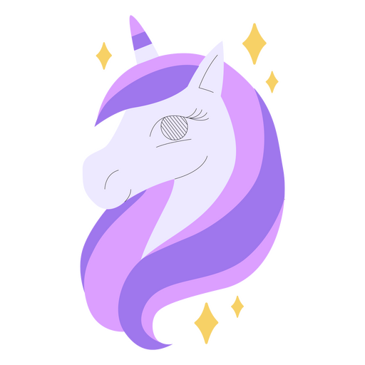 Unicórnio com cabelo roxo e estrelas Desenho PNG