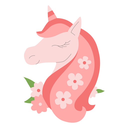 Unicornio rosa con flores en la cabeza. Diseño PNG