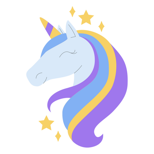 Unicornio con melena arco?ris y estrellas. Diseño PNG