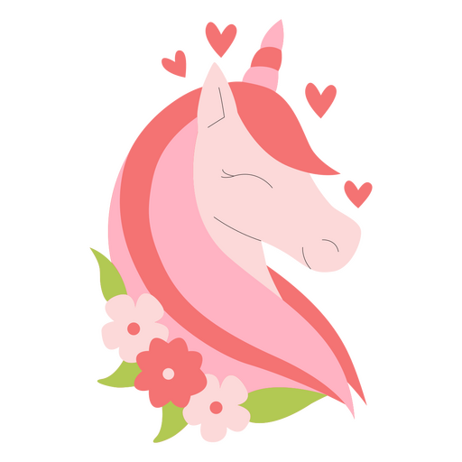 Unicornio rosa con flores y corazones. Diseño PNG