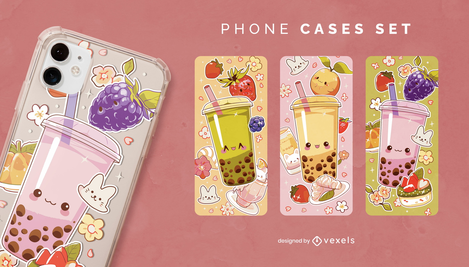 Set de fundas para móviles con bebidas de té kawaii