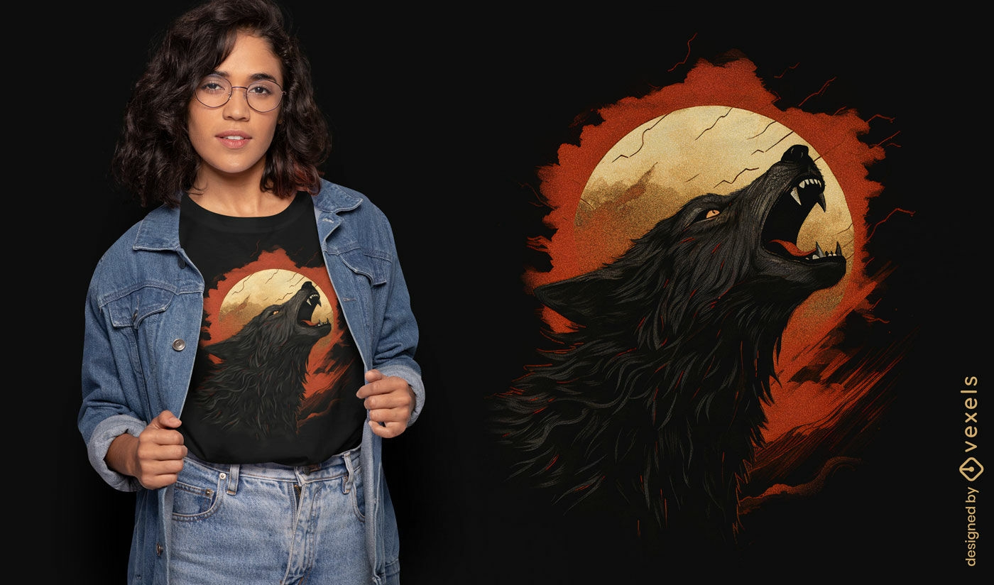 Design de camiseta com animal lobo uivando