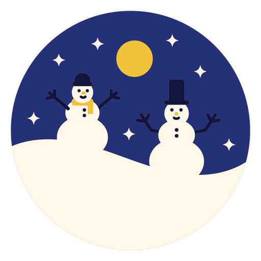 Two snowmen standing in a circle with a moon in the background PNG Design