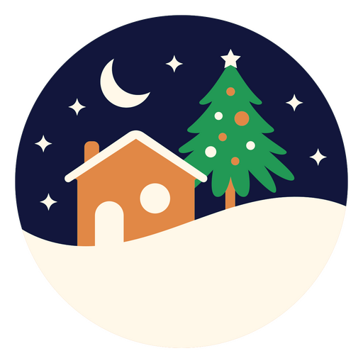 Icono navideño con una casa y un árbol en la nieve. Diseño PNG