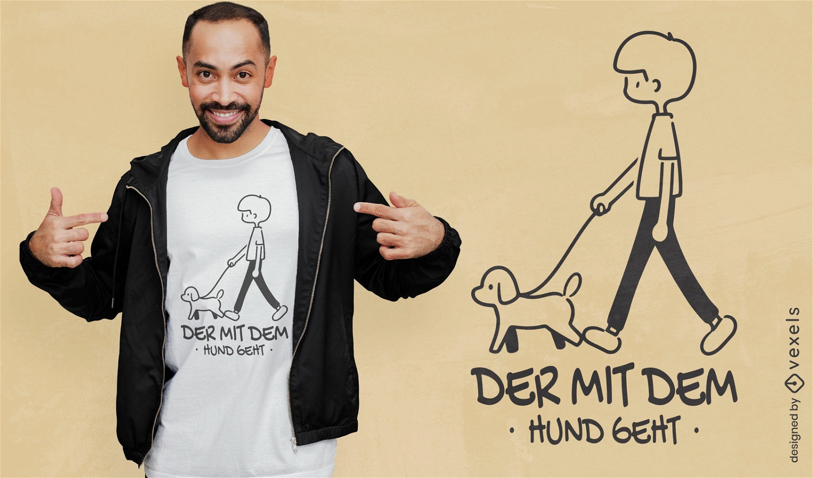 Design de camiseta para cachorro andando com boneco de palito
