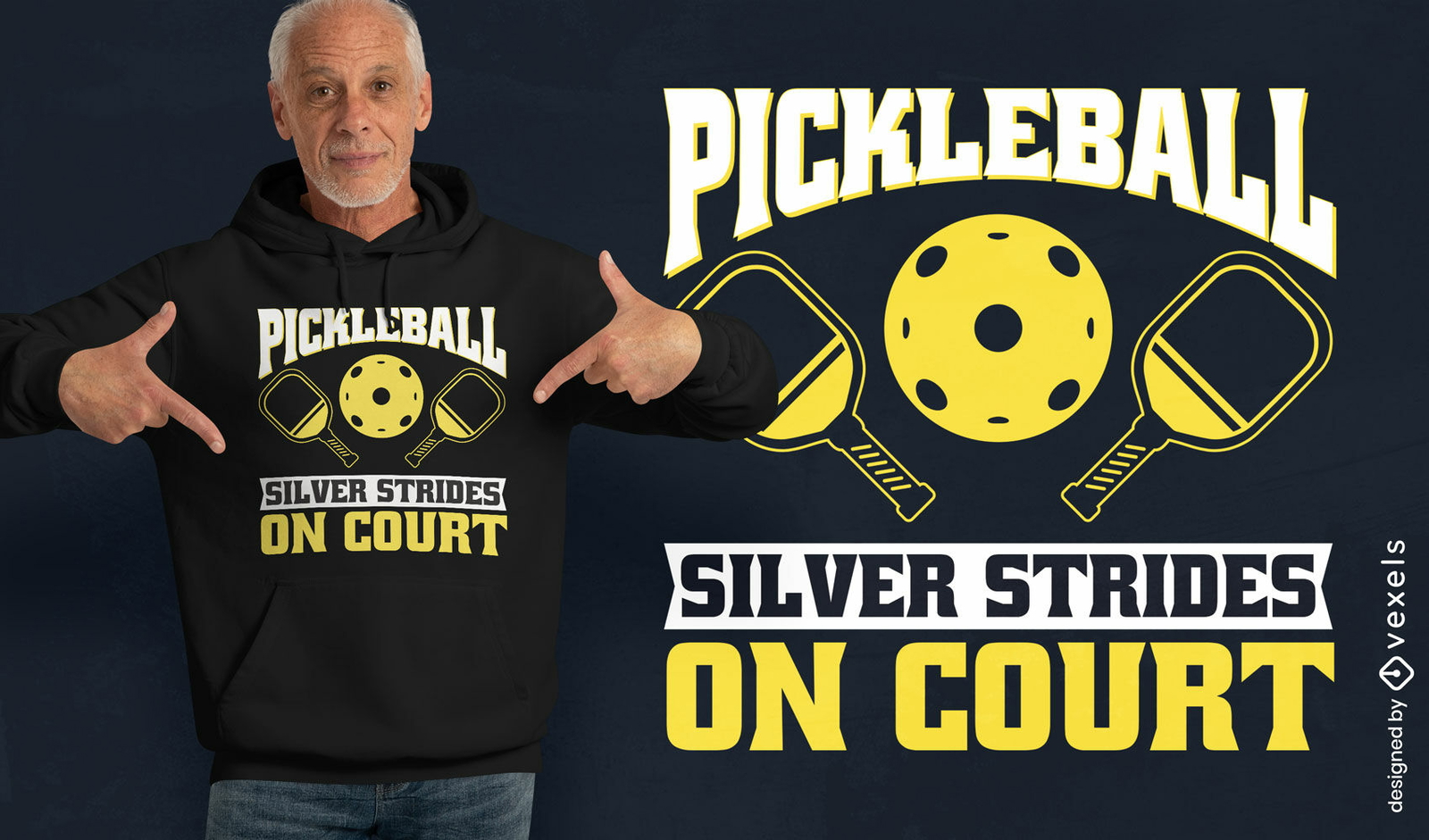 Traços prateados de pickleball no design de camisetas de quadra