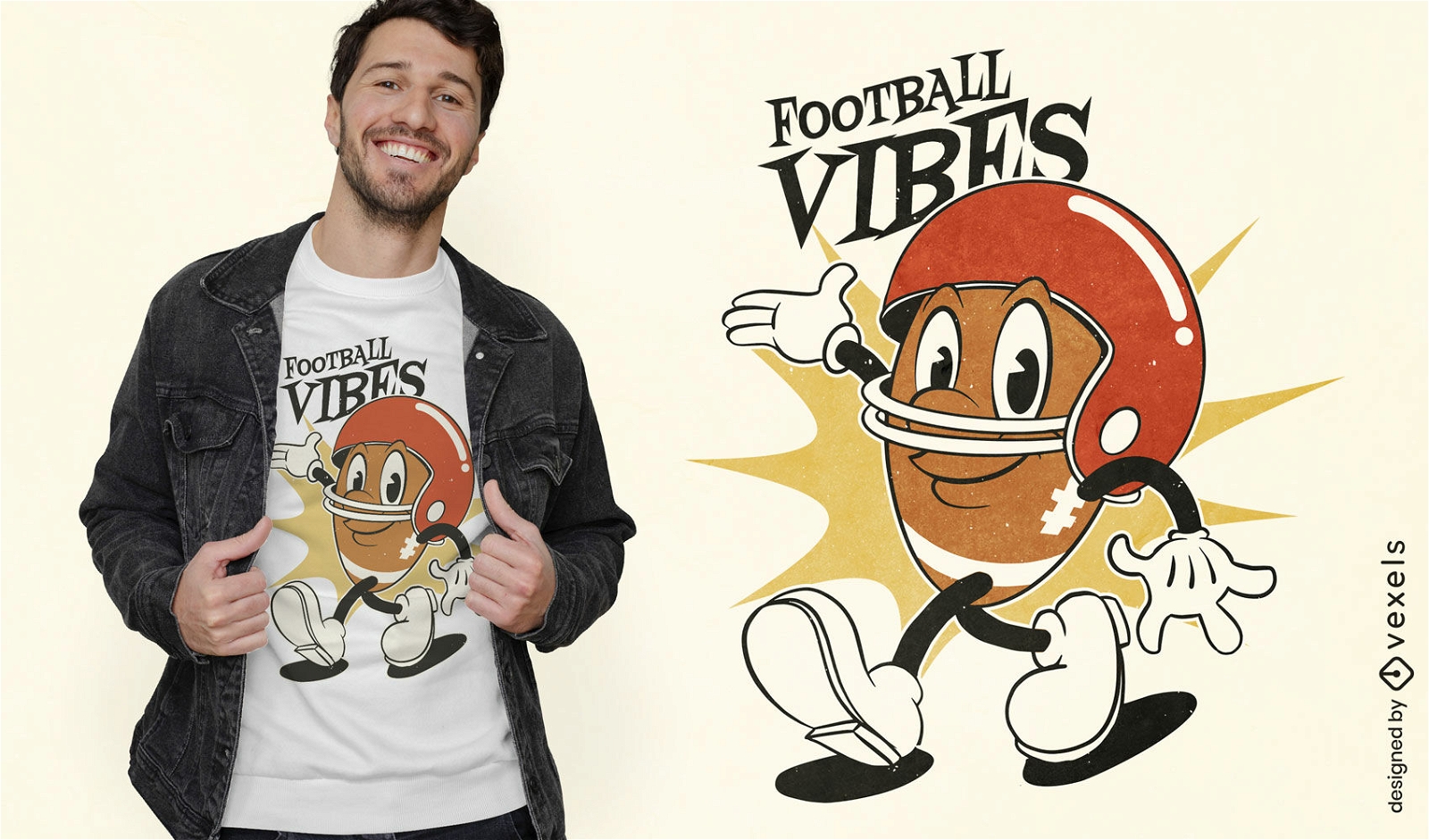 Diseño de camiseta de dibujos animados retro de fútbol americano.