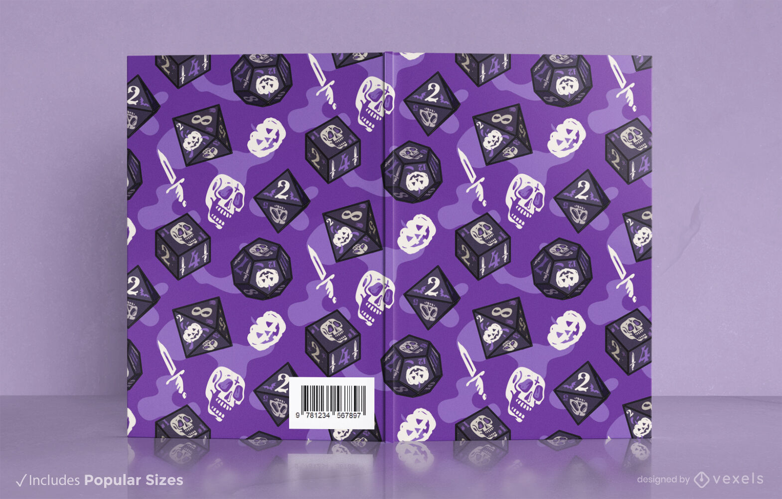 Juego de rol morado con diseño de portada de libro de dados.