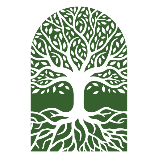 Árbol verde con raíces en un arco. Diseño PNG