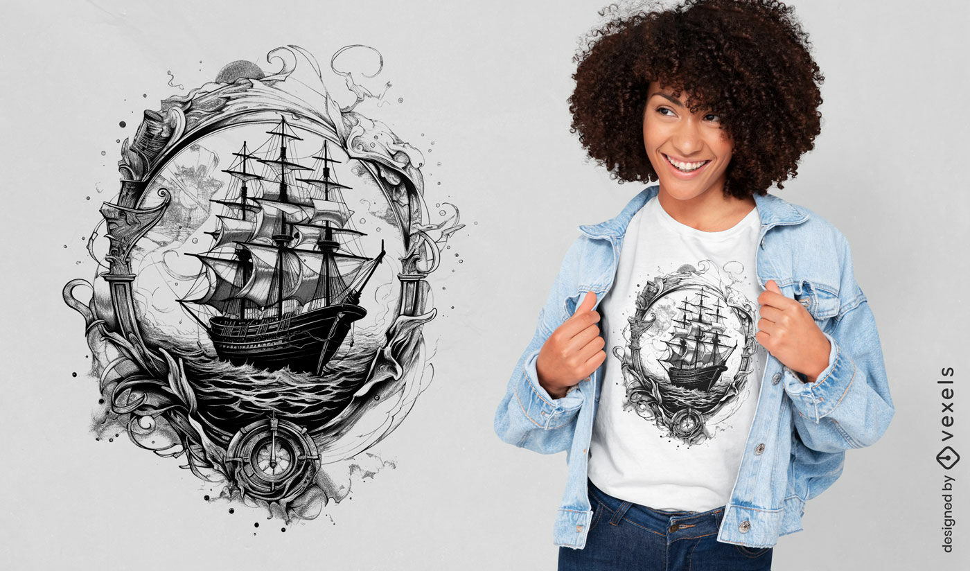 Diseño de camiseta con retrato realista de barco pirata.