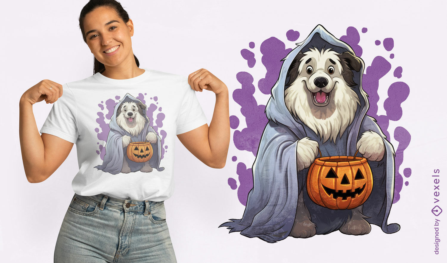 Ddog sosteniendo un diseño de camiseta de calabaza.