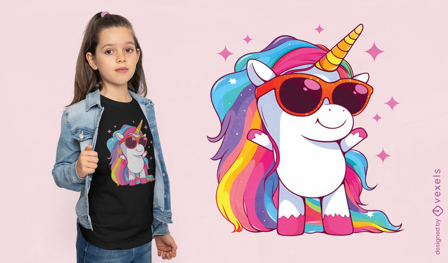 Diseño de camiseta de unicornio multicolor con gafas de sol.