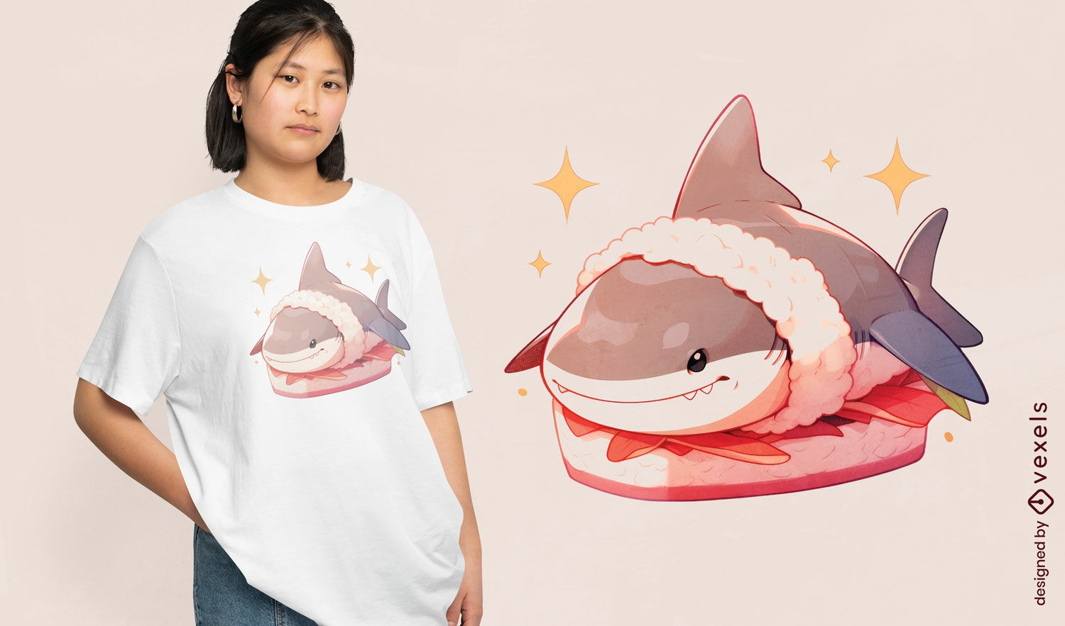 Diseño de camiseta de sushi de tiburón.