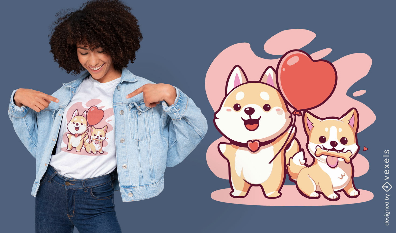 Diseño de camiseta con globo de corazón shiba inu.