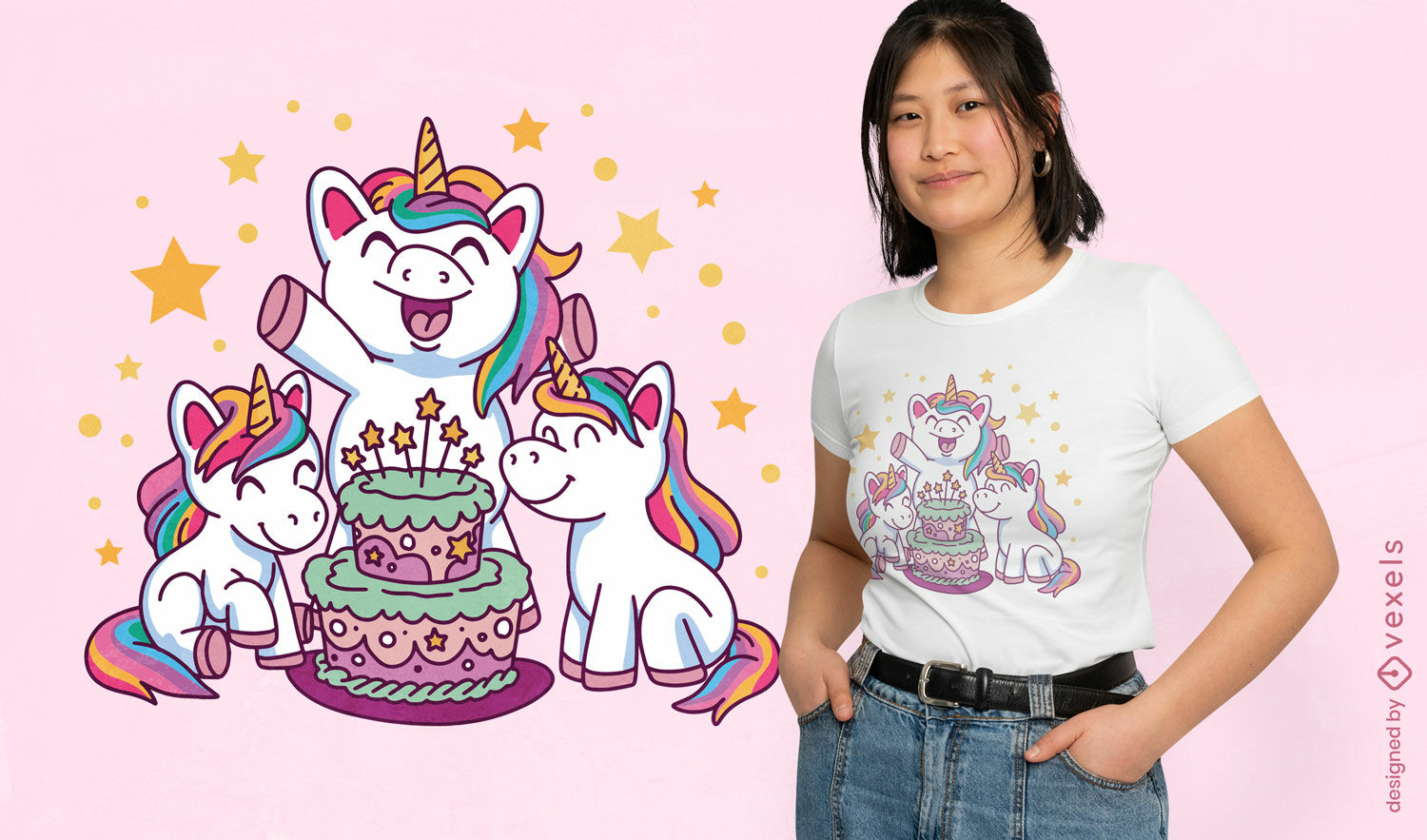 Design de camiseta de unicórnios para festa de aniversário