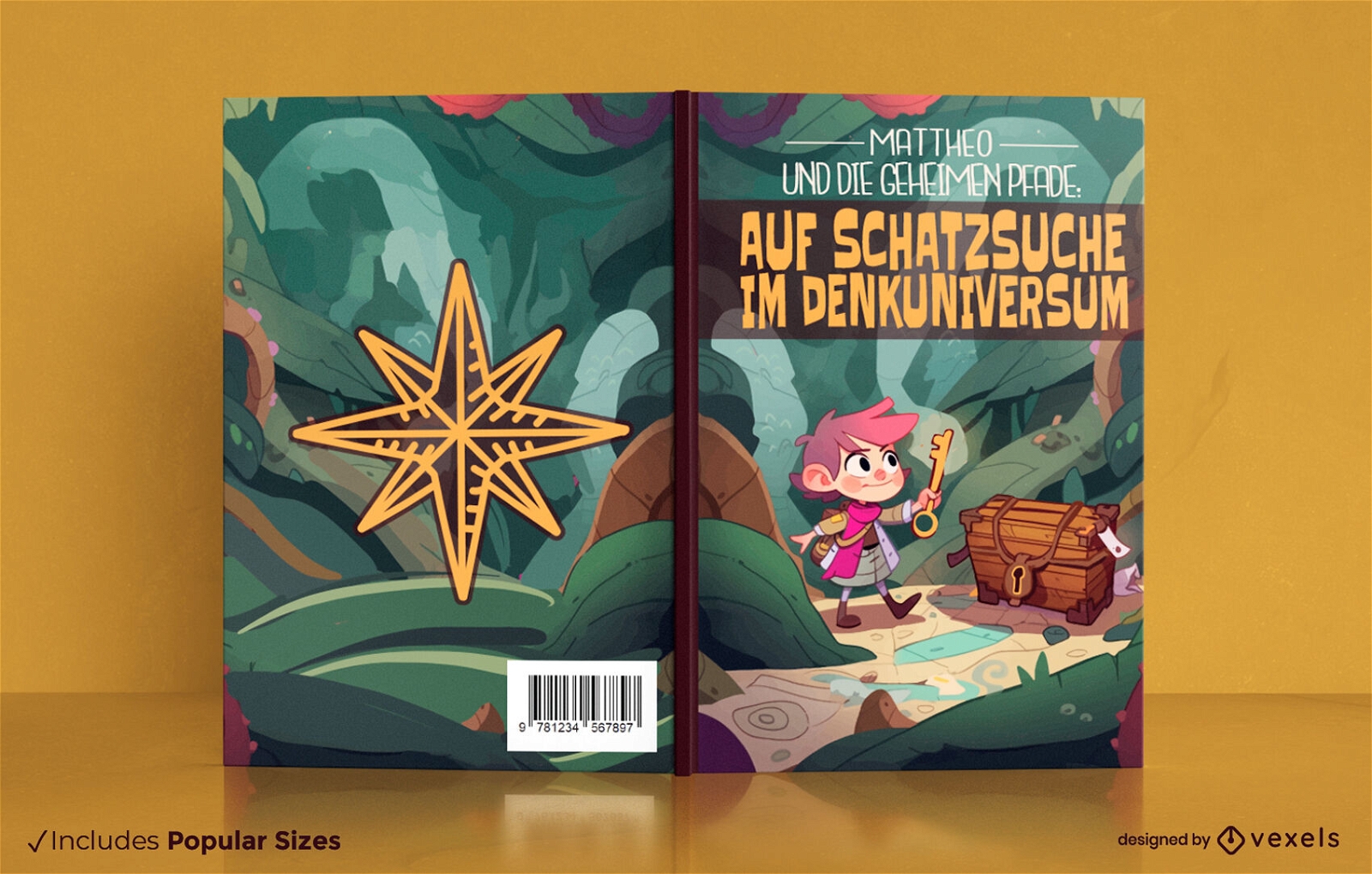 Criança em um design de capa de livro de aventura