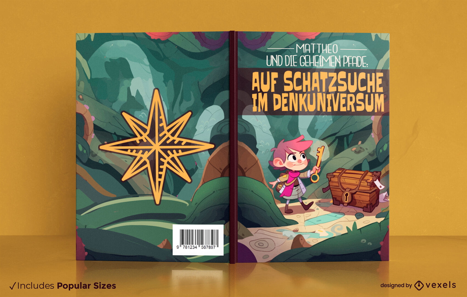 Niño en un diseño de portada de libro de aventuras.