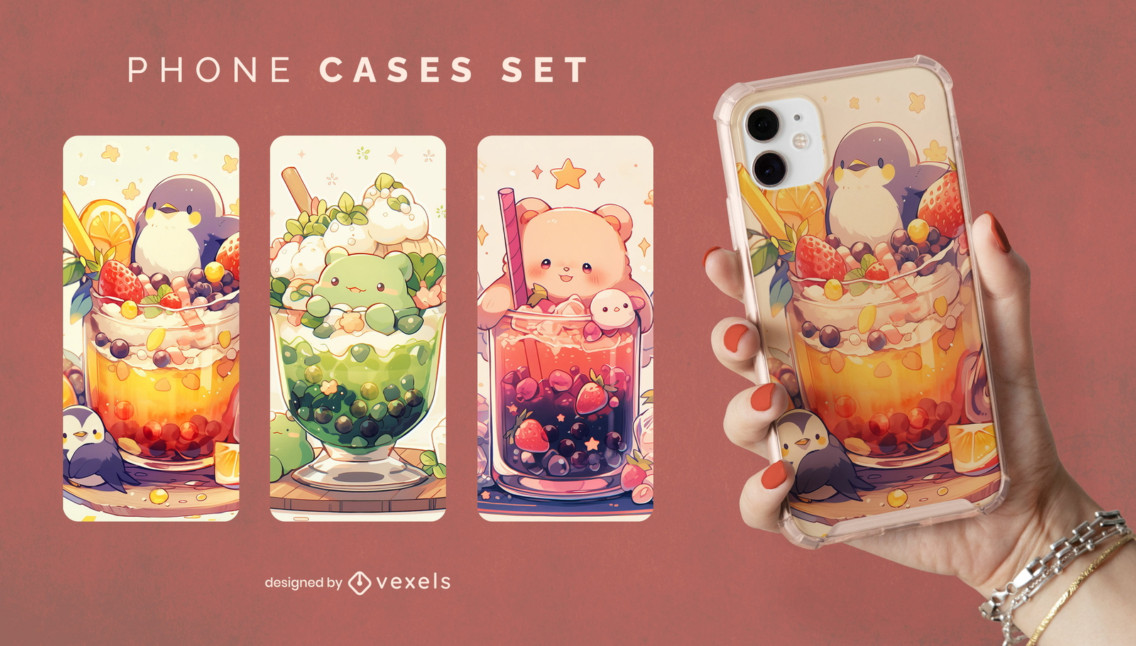 Diseño de funda para teléfono con lindos animales en bebidas.