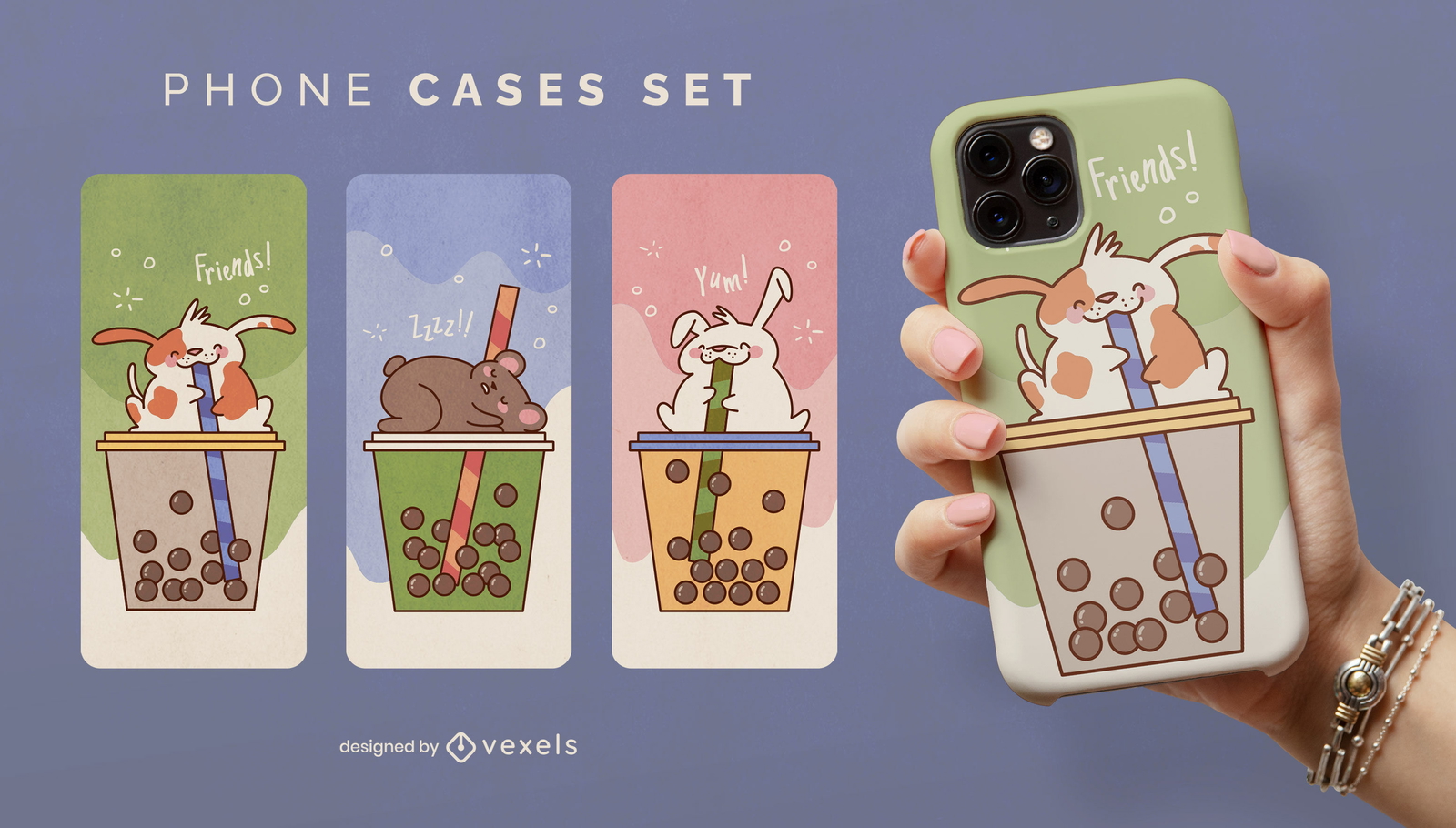 Diseño de funda para teléfono con animales kawaii en bebidas de té.