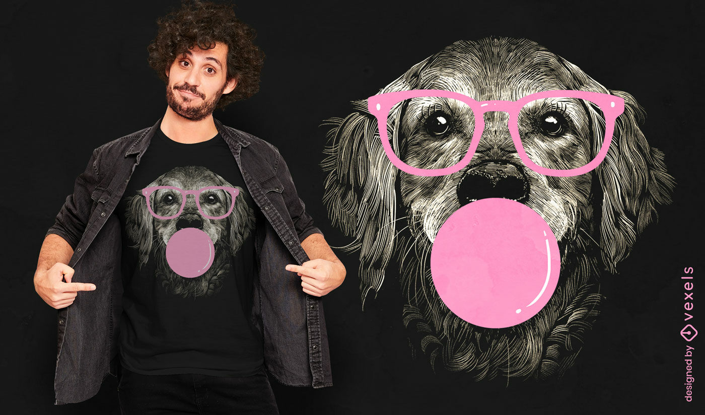 Diseño de camiseta de perro con gafas y chicle.