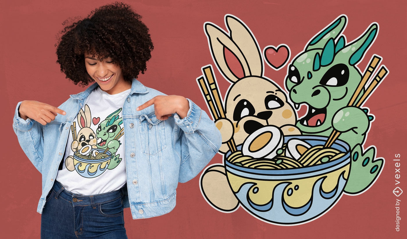 Diseño de camiseta de conejo y dragón comiendo ramen.
