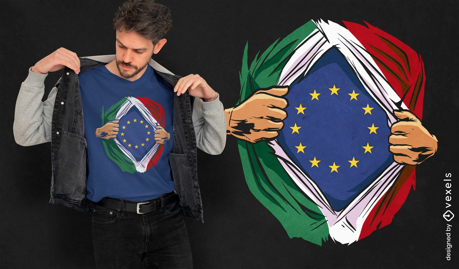 Diseño de camiseta con banderas italianas y europeas.