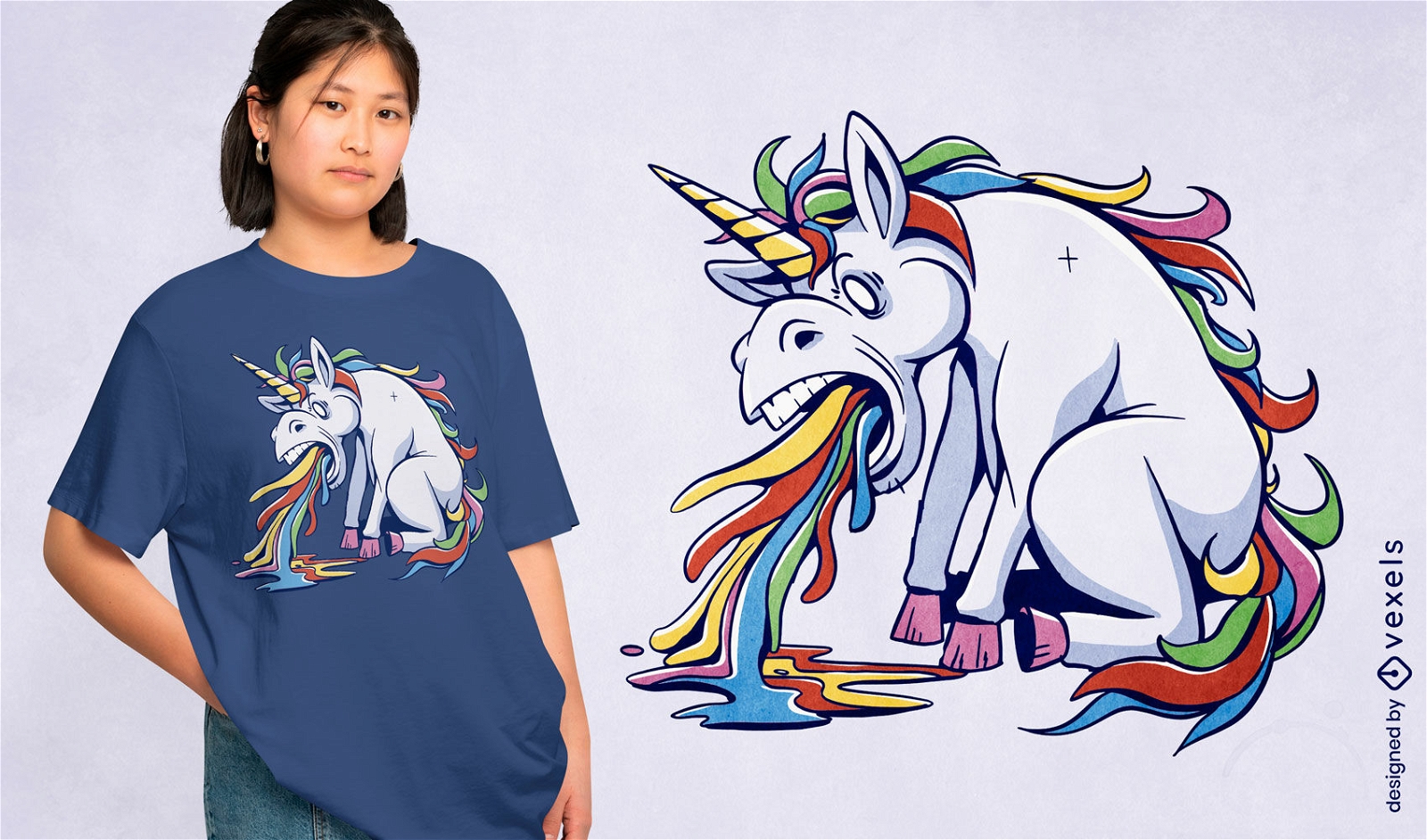 Diseño de camiseta de arcoiris vomitando unicornio.