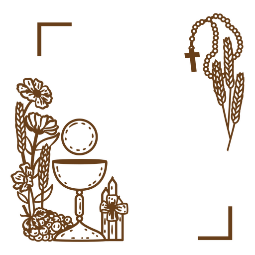 Marco con rosario, trigo y flores. Diseño PNG