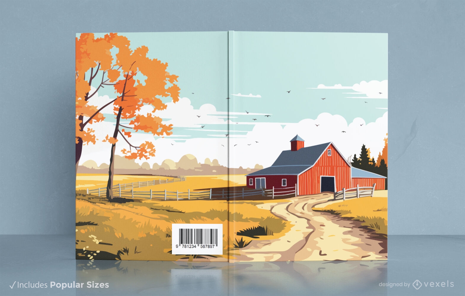 Diseño de portada de libro de granja en el campo.