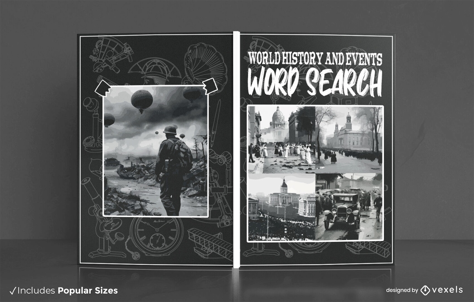 Design de capa de livro em preto e branco de eventos históricos