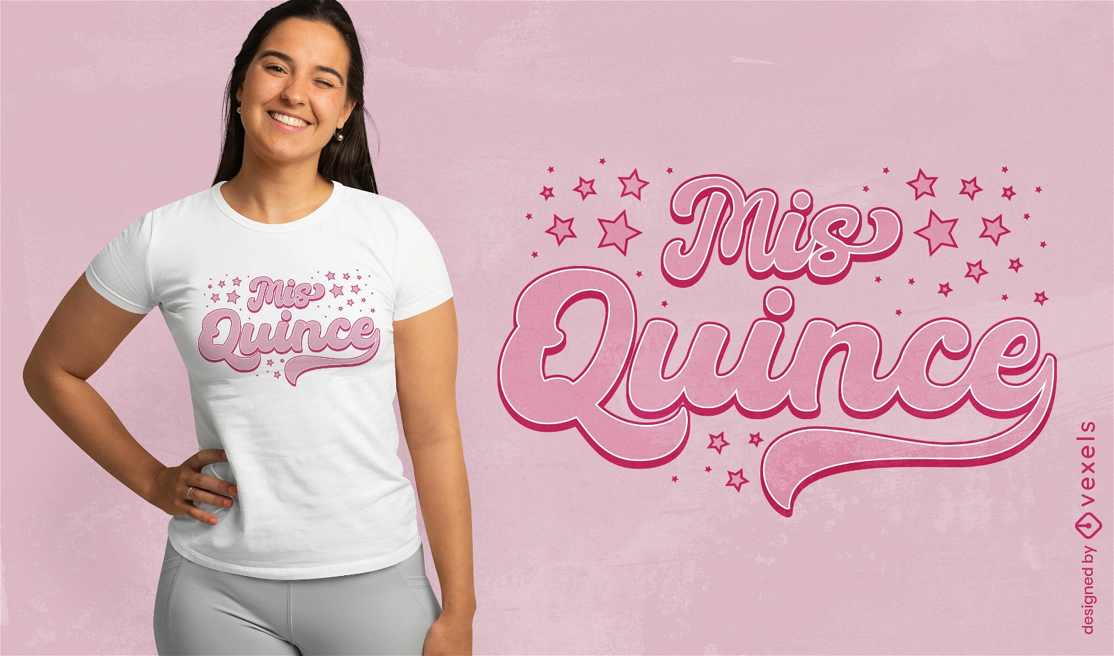 Diseño de camiseta quicneañera con letras rosas.