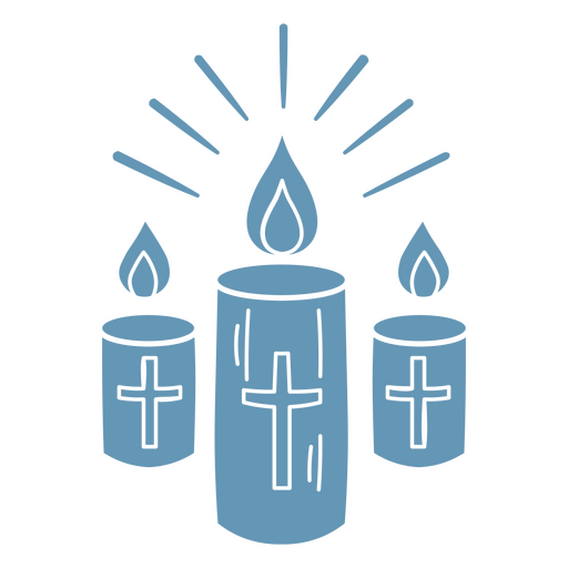 Tres velas azules con cruces y rayos de luz. Diseño PNG