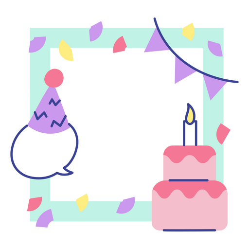 Marco de cumpleaños con pastel y confeti. Diseño PNG
