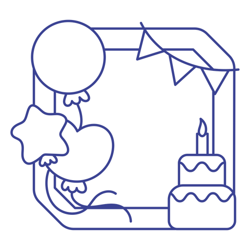 Icono de línea azul de un pastel de cumpleaños y globos. Diseño PNG