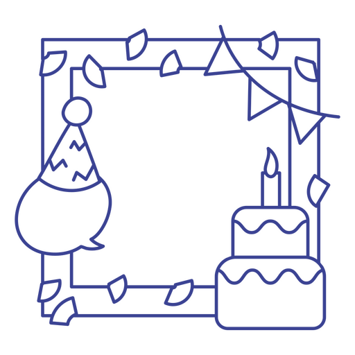 Marco azul con pastel de cumpleaños y globos. Diseño PNG
