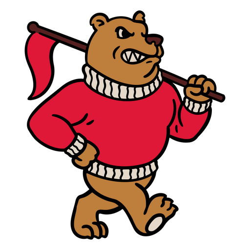 Urso vestindo um suéter vermelho e segurando uma bandeira Desenho PNG