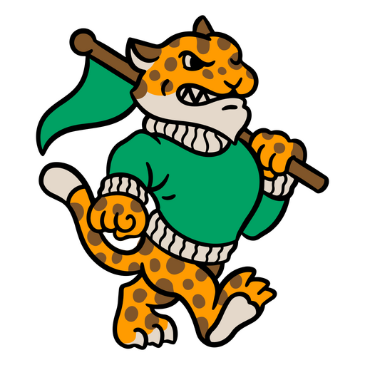 Mascota leopardo sosteniendo una bandera Diseño PNG