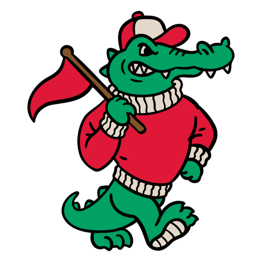 Crocodile wearing a sweater and holding a flag PNG Design