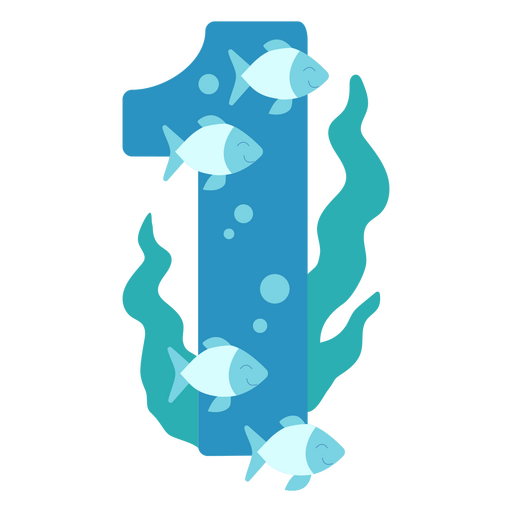 Azul número um com peixes nadando na água Desenho PNG