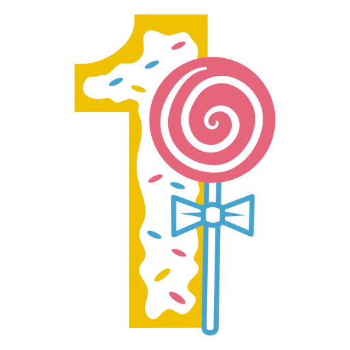 The number one with a lollipop and sprinkles PNG Design