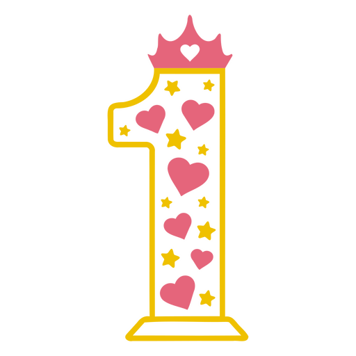 Número uno con corona y corazones. Diseño PNG