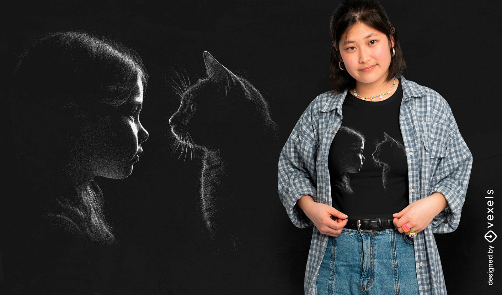 Diseño de camiseta de niña y gato.