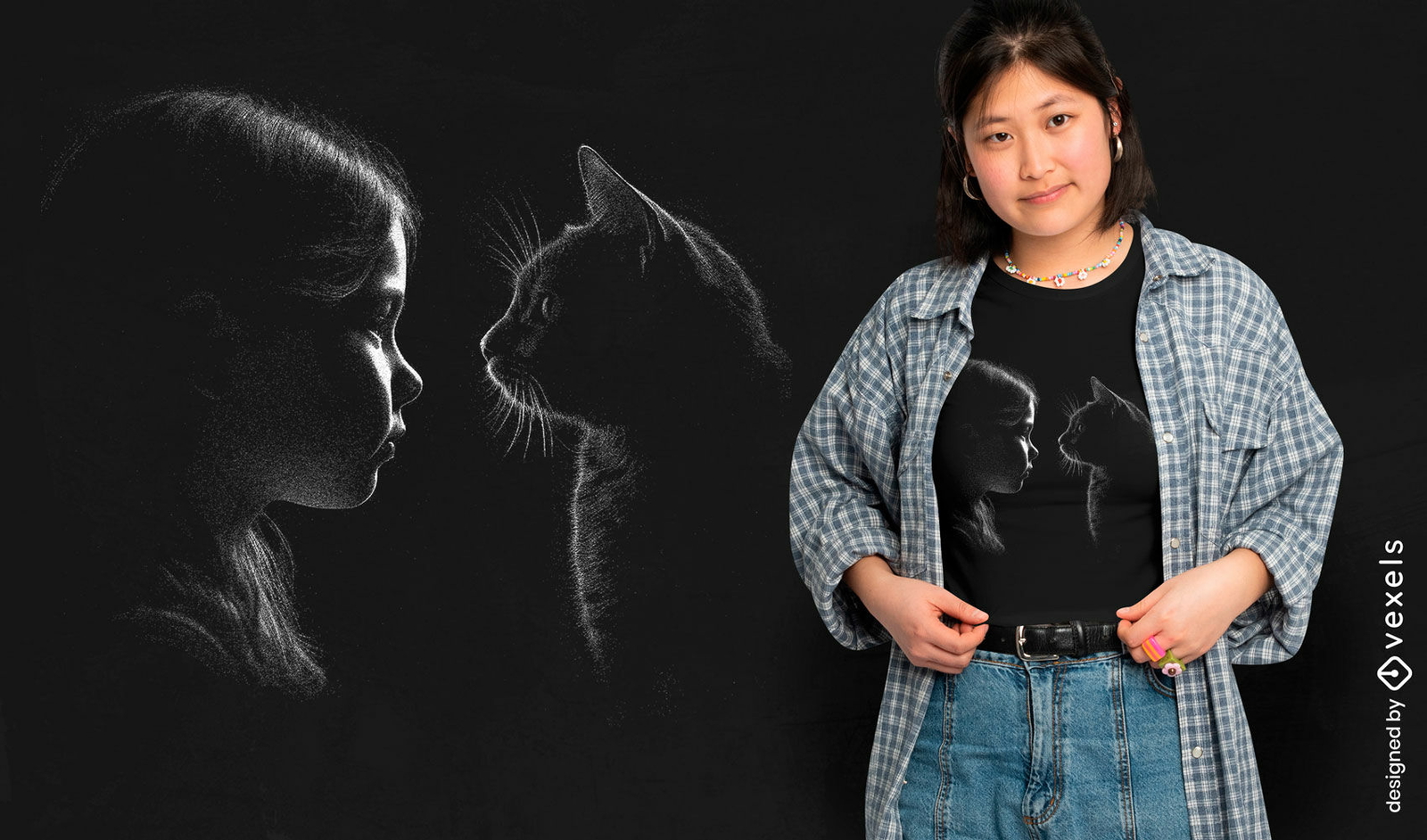 Diseño de camiseta de niña y gato.