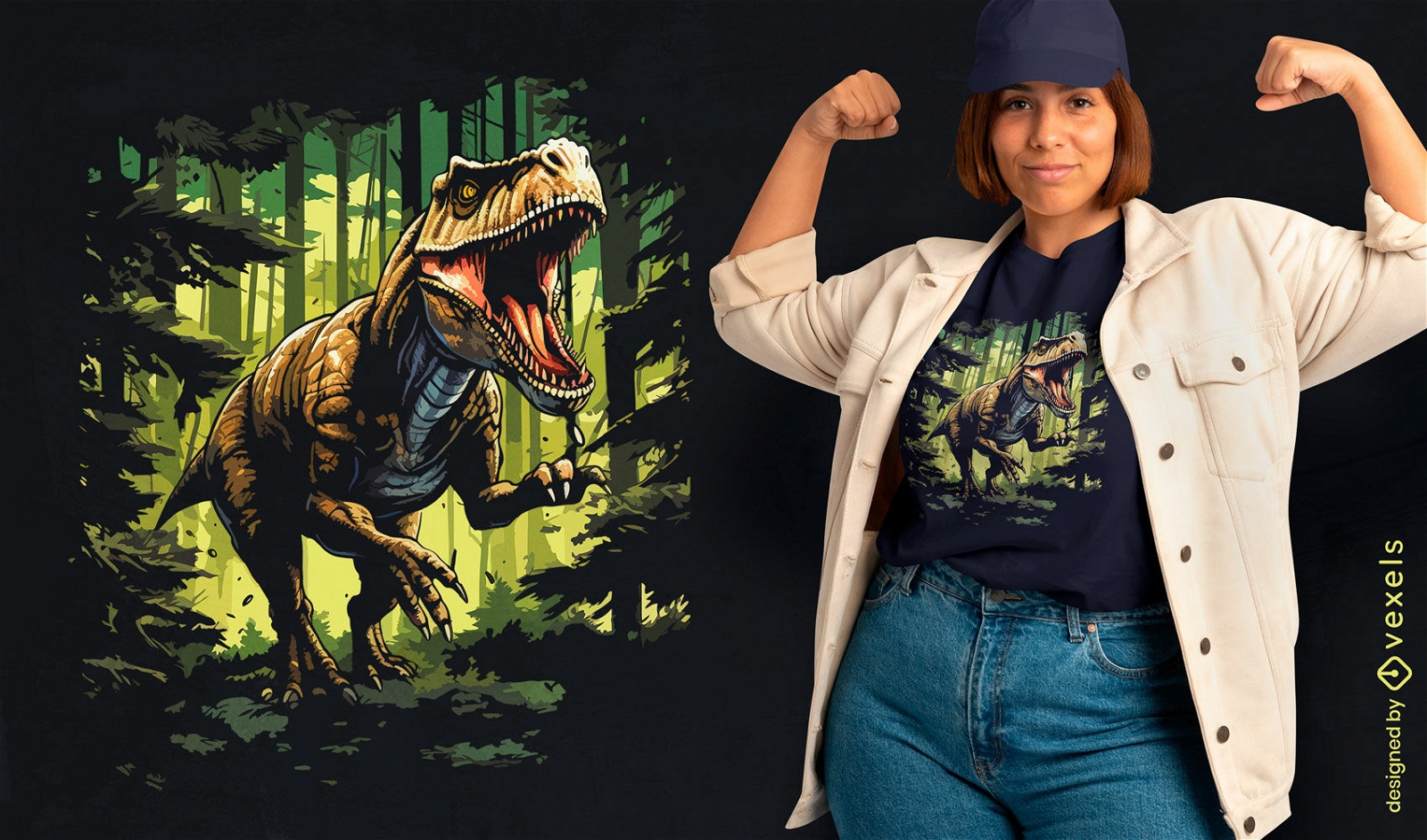 Diseño de camiseta T-rex corriendo en el bosque.