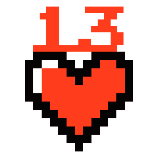 Corazón de pixel con el número 13. Diseño PNG